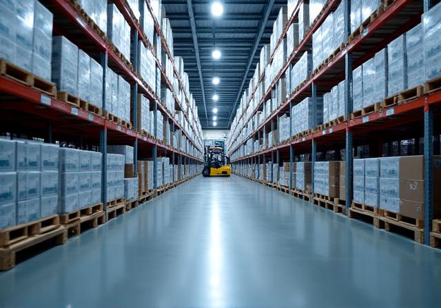 A clean warehouse aisle stacked high with boxes of lighting products.